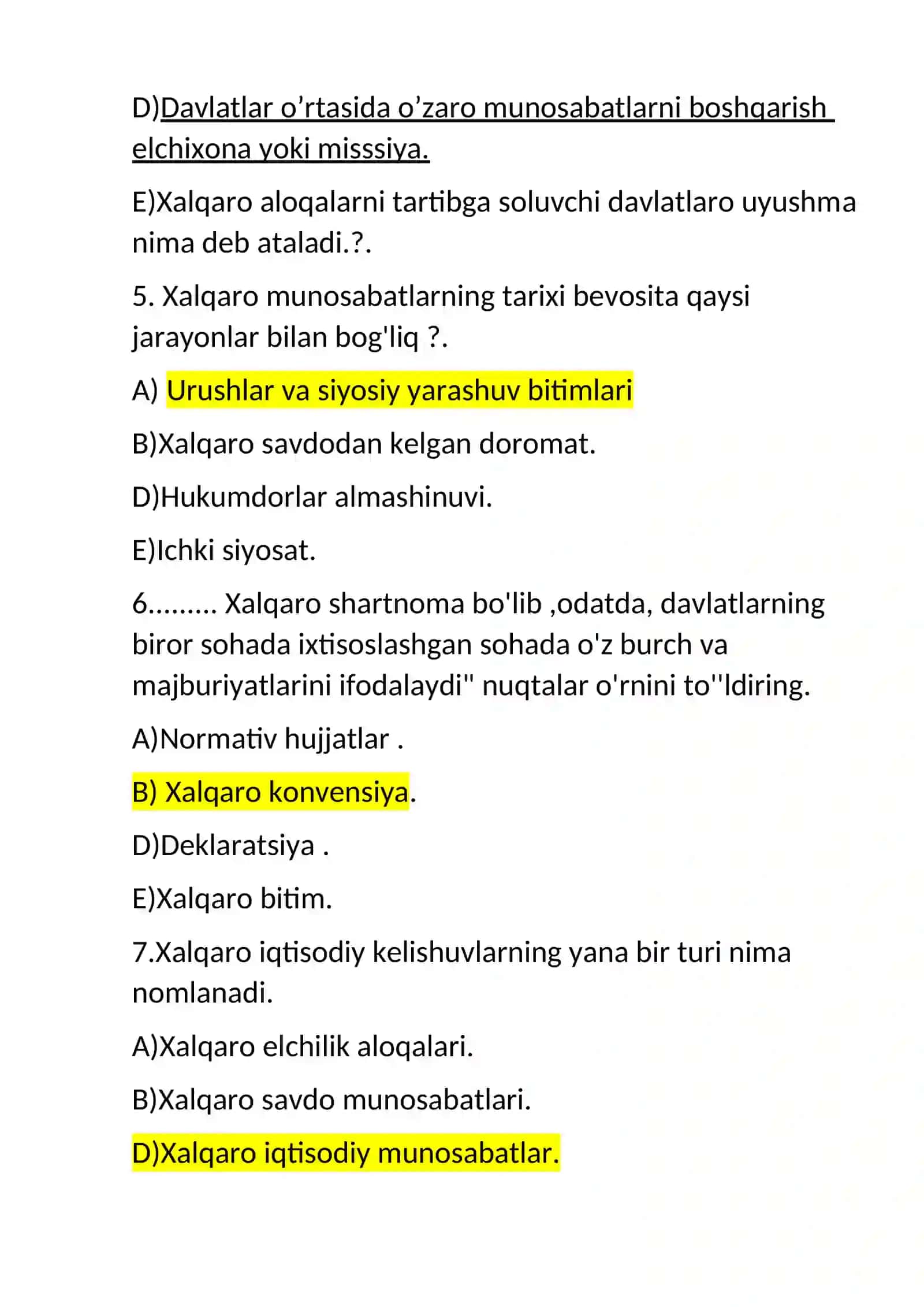 Xalqaro savdo va diplomatiya tarixi fanidan test 2