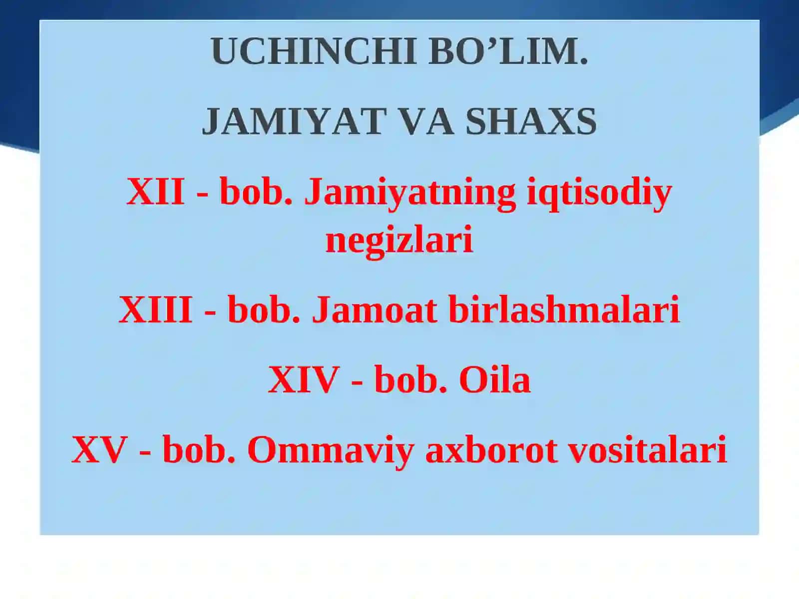 О`ZBEKISTONDA JAMIYAT VA SHAXS MUNOSABATLARINING KONSTITUTSIYAVIY BELGILARI 2