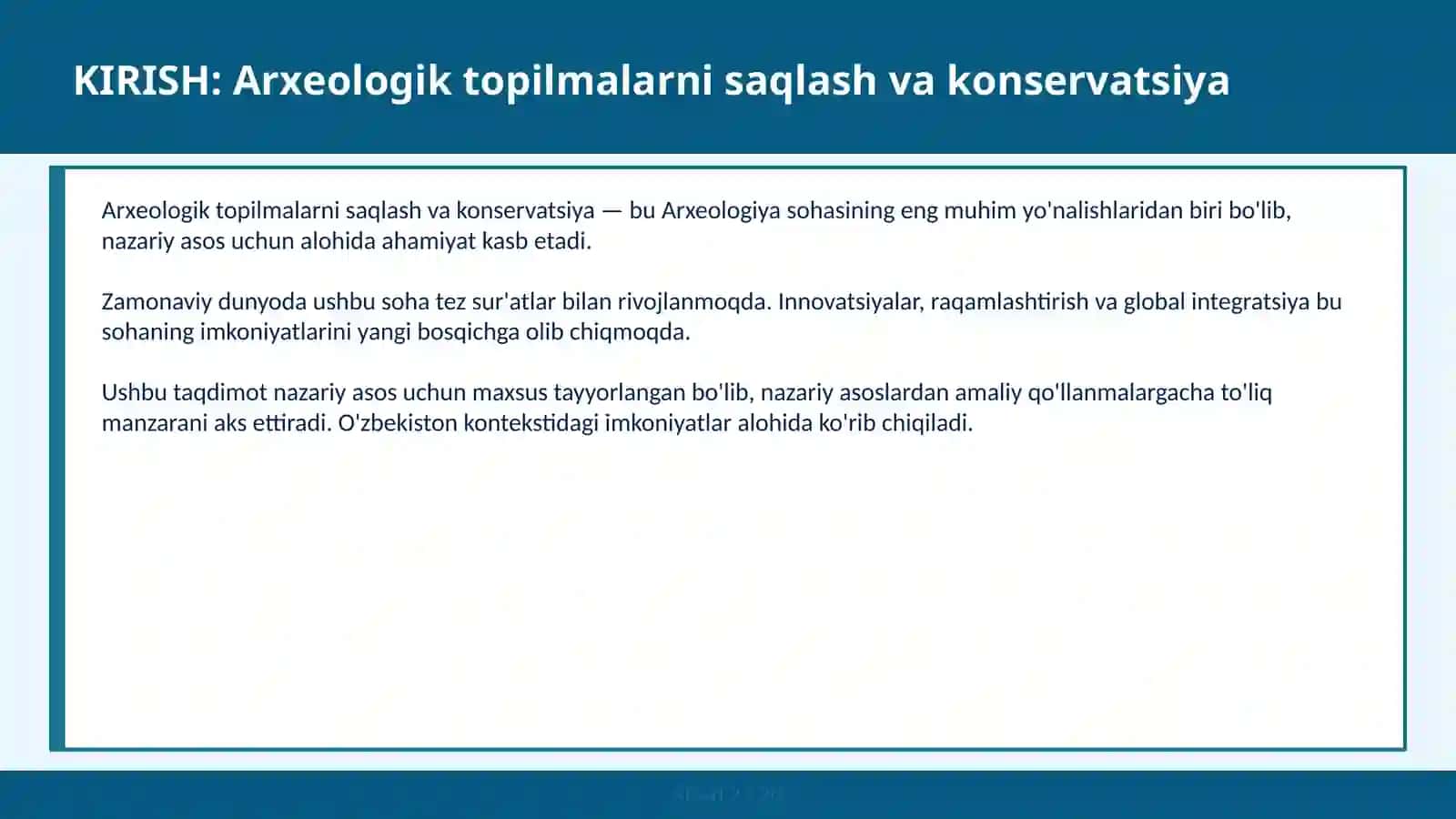 ARXЕOLOGIK TOPILMALARNI SAQLASH VA KONSERVATSIYA 2