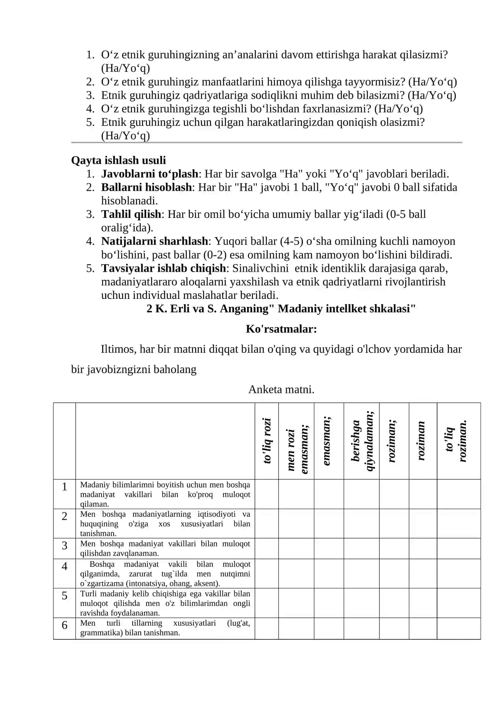 INTERNATSIONAL OILALARDAGI SHAXSLARDA ETNIK IDENTIKLIK NAMOYON BO‘LISHINI O'RGANUVCHI SO’ROVNOMA 2