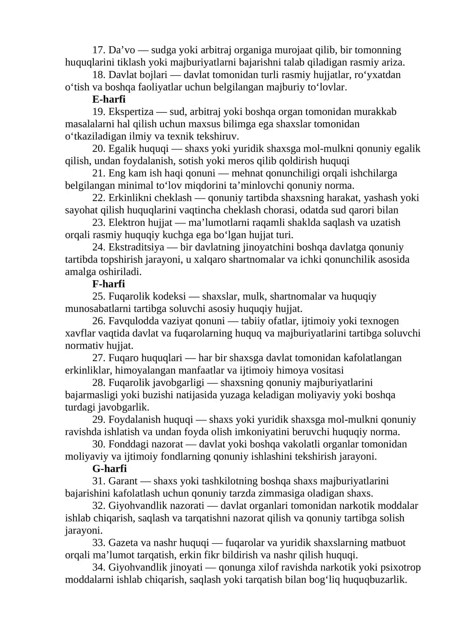 Fuqarolik huquqiga kirish fanidan Alifbo tartibida tuzgan Glossary 2