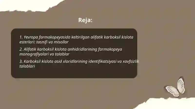 Yevropa farmakopeyasining tarkibiga kirgan alifatik karbon kislotalar hosilalari va ularning tahlili 2