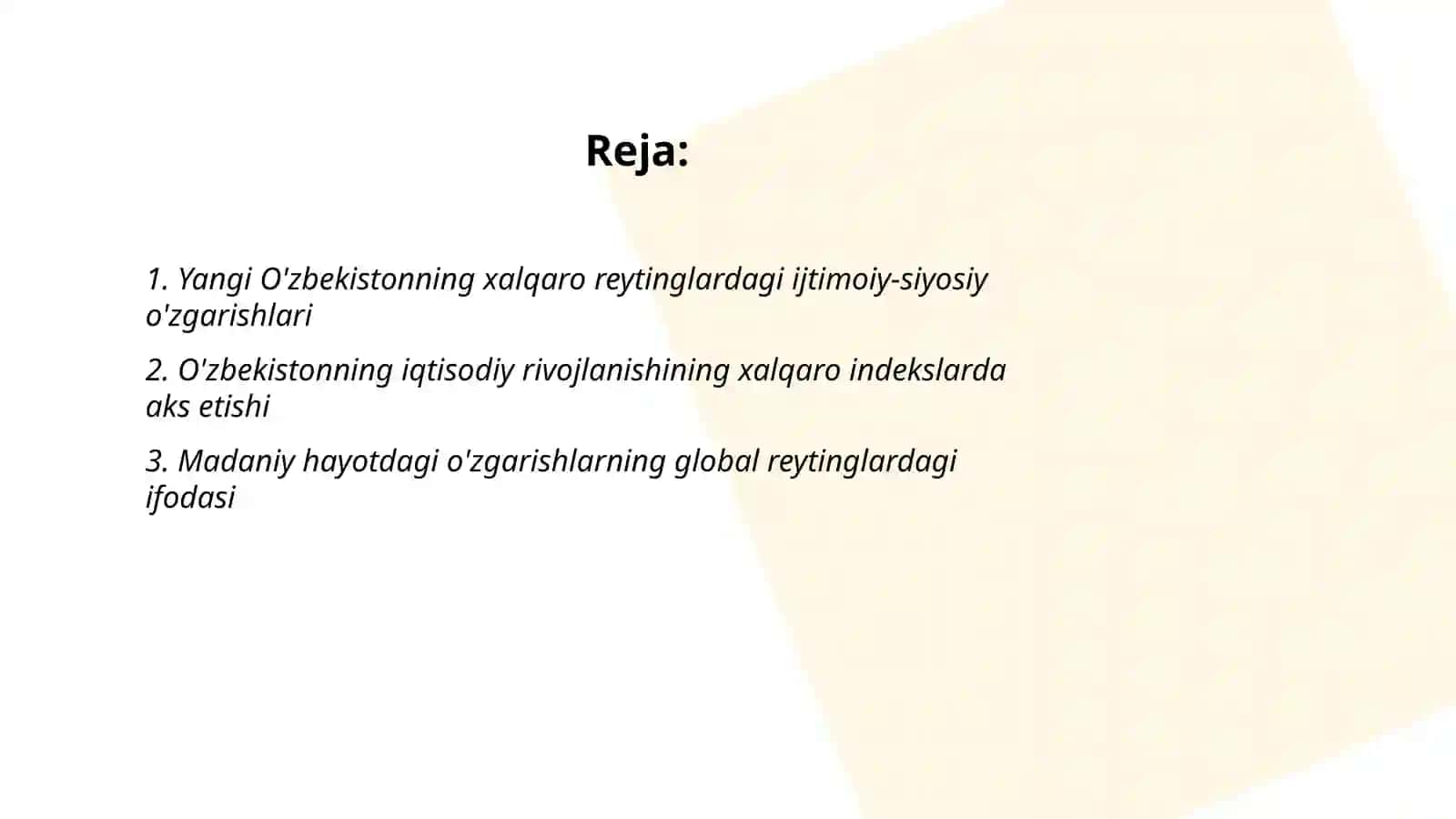 Yangi o'zbekistonning ijtimoiy-siyosiy, iqtisodiy va madaniy hayotida ro'y berayotgan o'zgarishlarning xalqaro reyting va indeksiyalarda aks etishi 2
