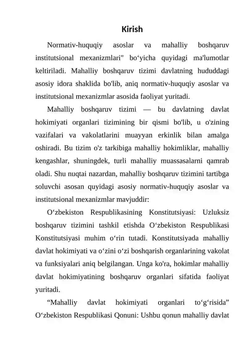 Normativ-huquqiy asoslar va mahalliy boshqaruv institutsional mexanizmlari | Mahalliy boshqaruv tizimi 2