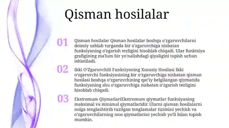 Ikki OʻZgaruvchili Funksiyaning Xususiy Hosilasi Va Ekstremum Qiymatlari 2
