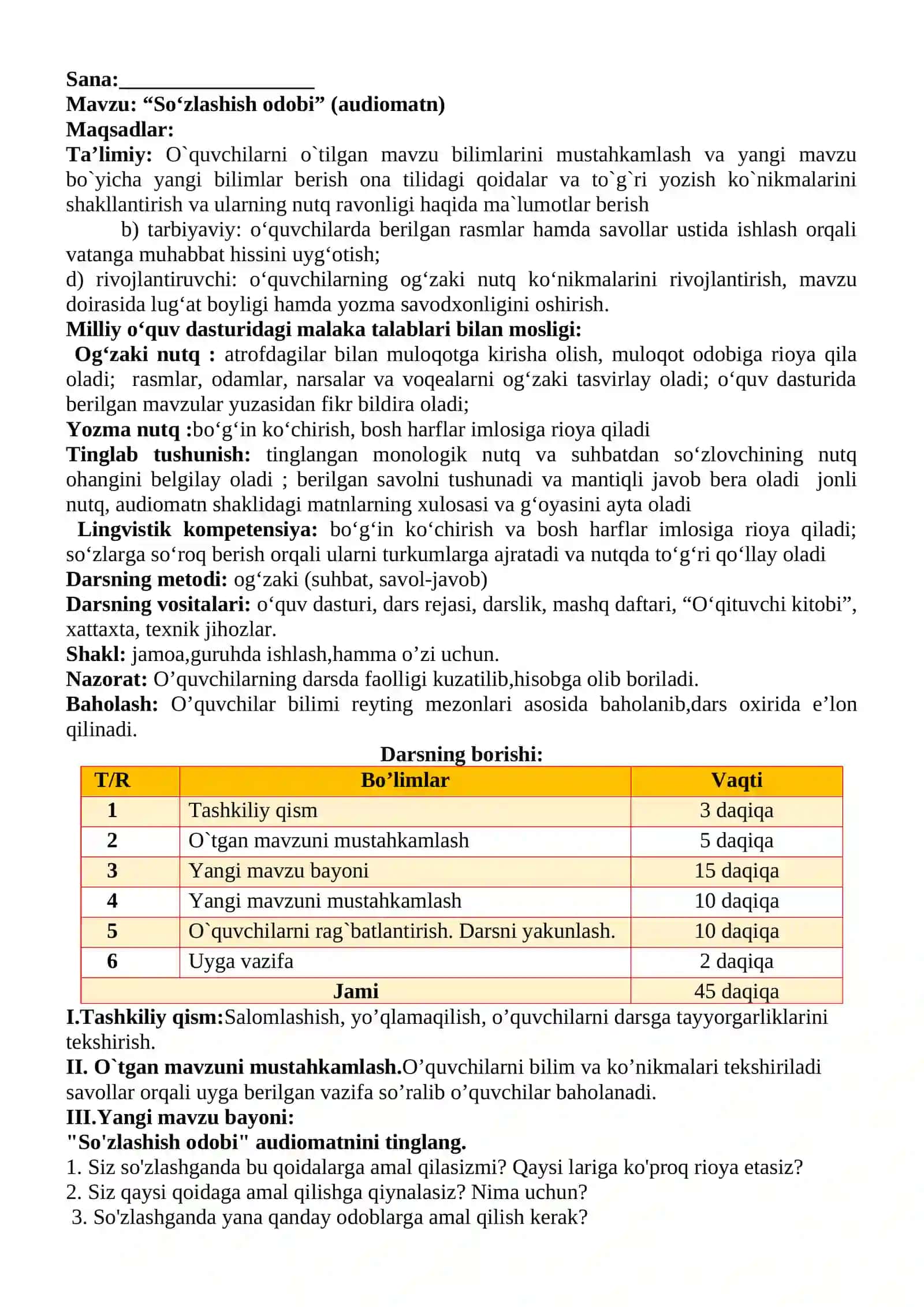3-sinf Ona tili va o'qish savodxonligi fanidan So'zlashish odobi (audiomatn) dars ishlanma 2