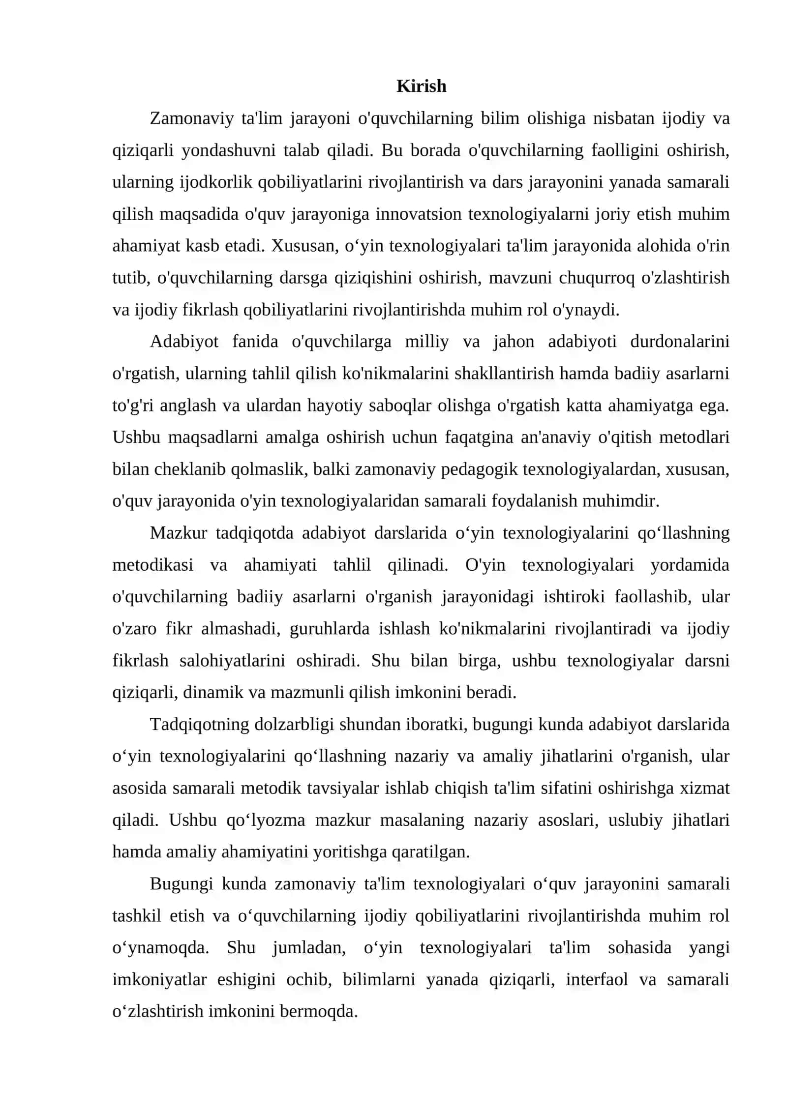 ADABIYOT DARSLARIDA O'YIN TEXNOLOGIYALARINI QO'LLASH METODIKASI VA AHAMIYATI 2