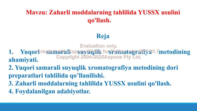 5. Zaharli moddalarning tahlilida YUSSX usulini qo'llash. Taqdimot 12 bet. 2