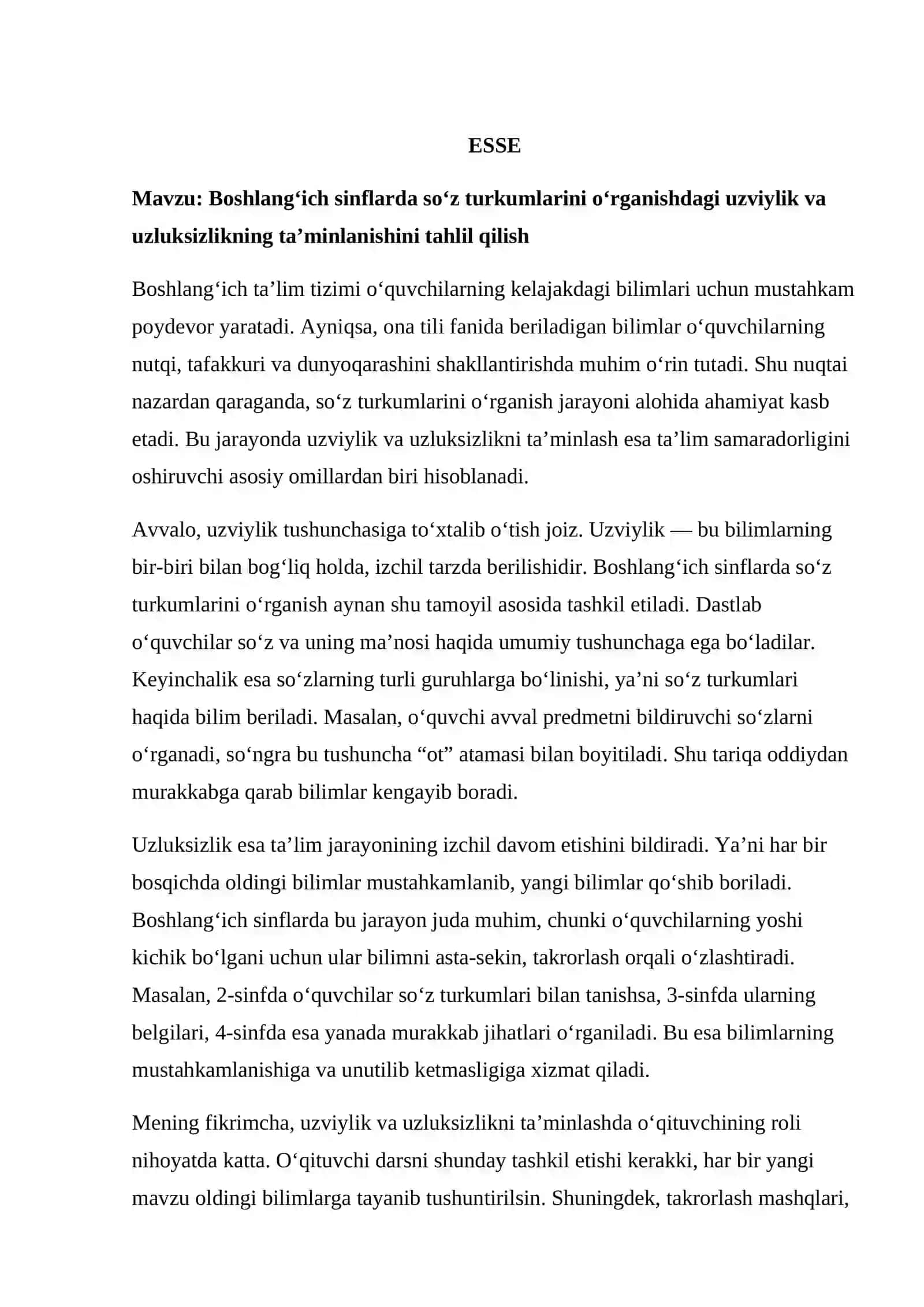 Boshlang‘ich sinflarda so‘z turkumlarini o‘rganishdagi uzviylik va uzluksizlikning ta’minlanishini tahlil qilish 2