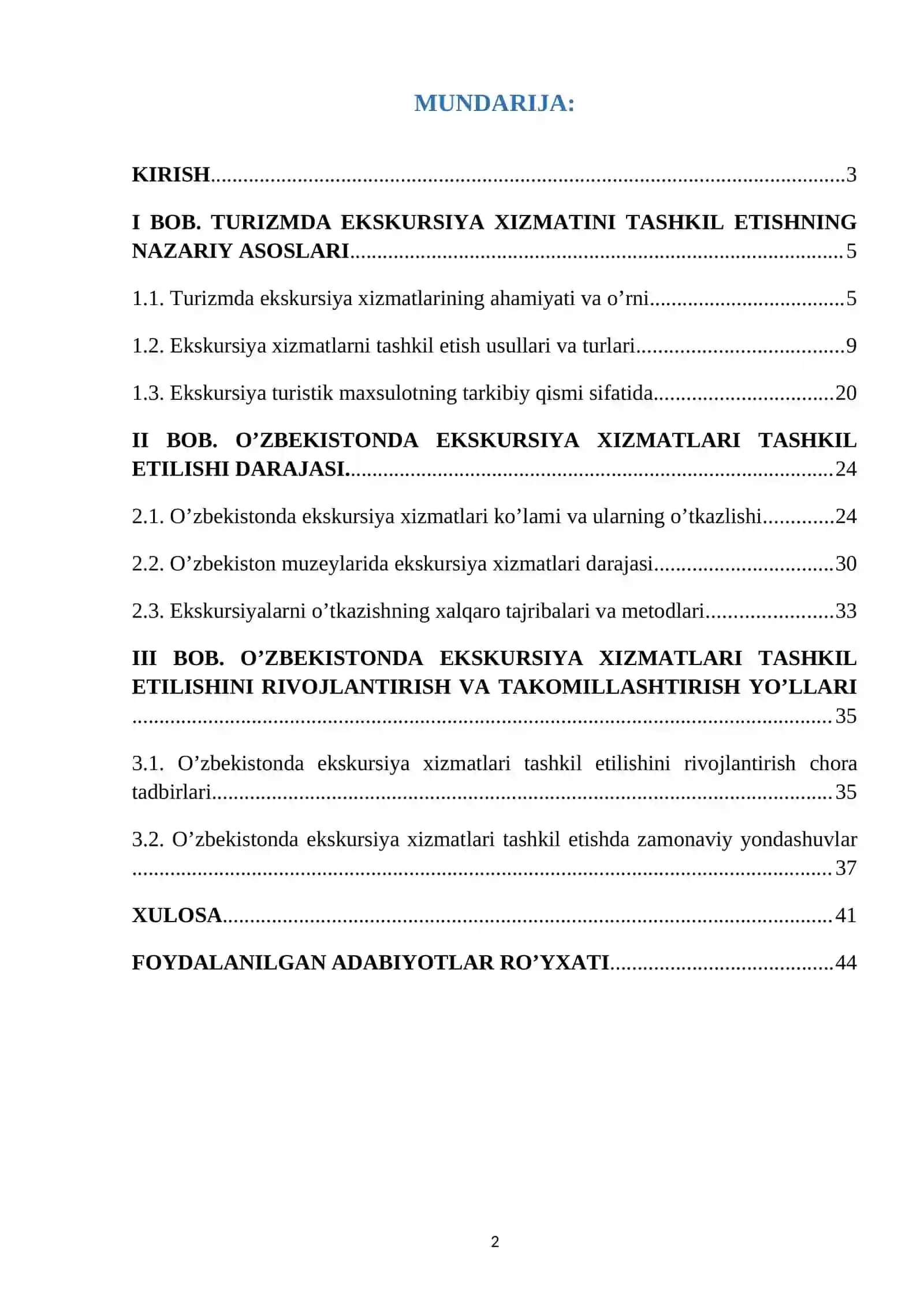 KURS ISHI: O’ZBEKISTONDA TURISTLARGA EKSKURSIYA XIZMATINI TASHKIL QILISH 2