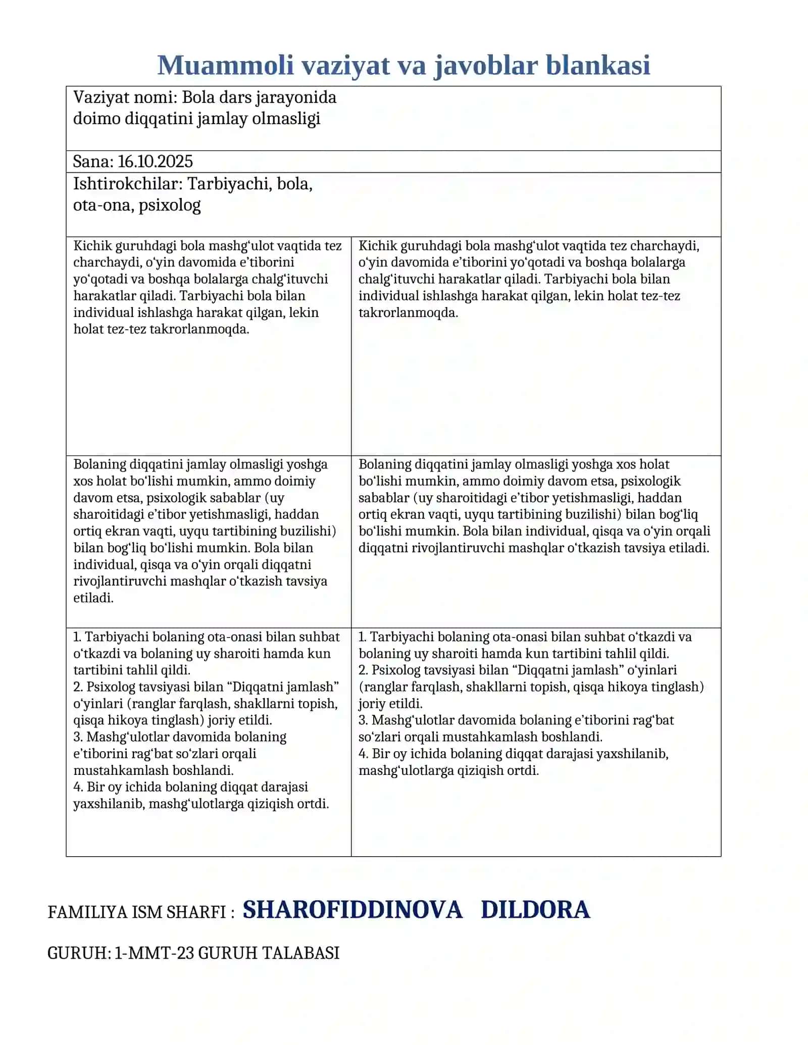 Muammoli vaziyat va javoblar blankasi 2