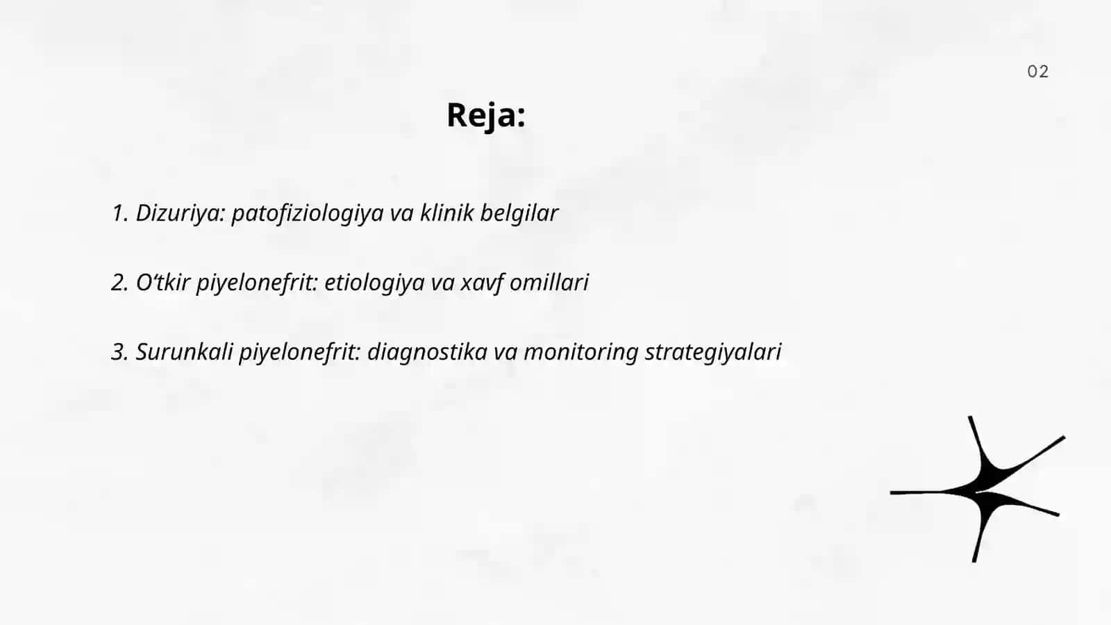 Dizuriya. O‘tkir va surunkali piyelonefrit, sistit va siydik diatezida profilaktika. UASH taktikasi 2