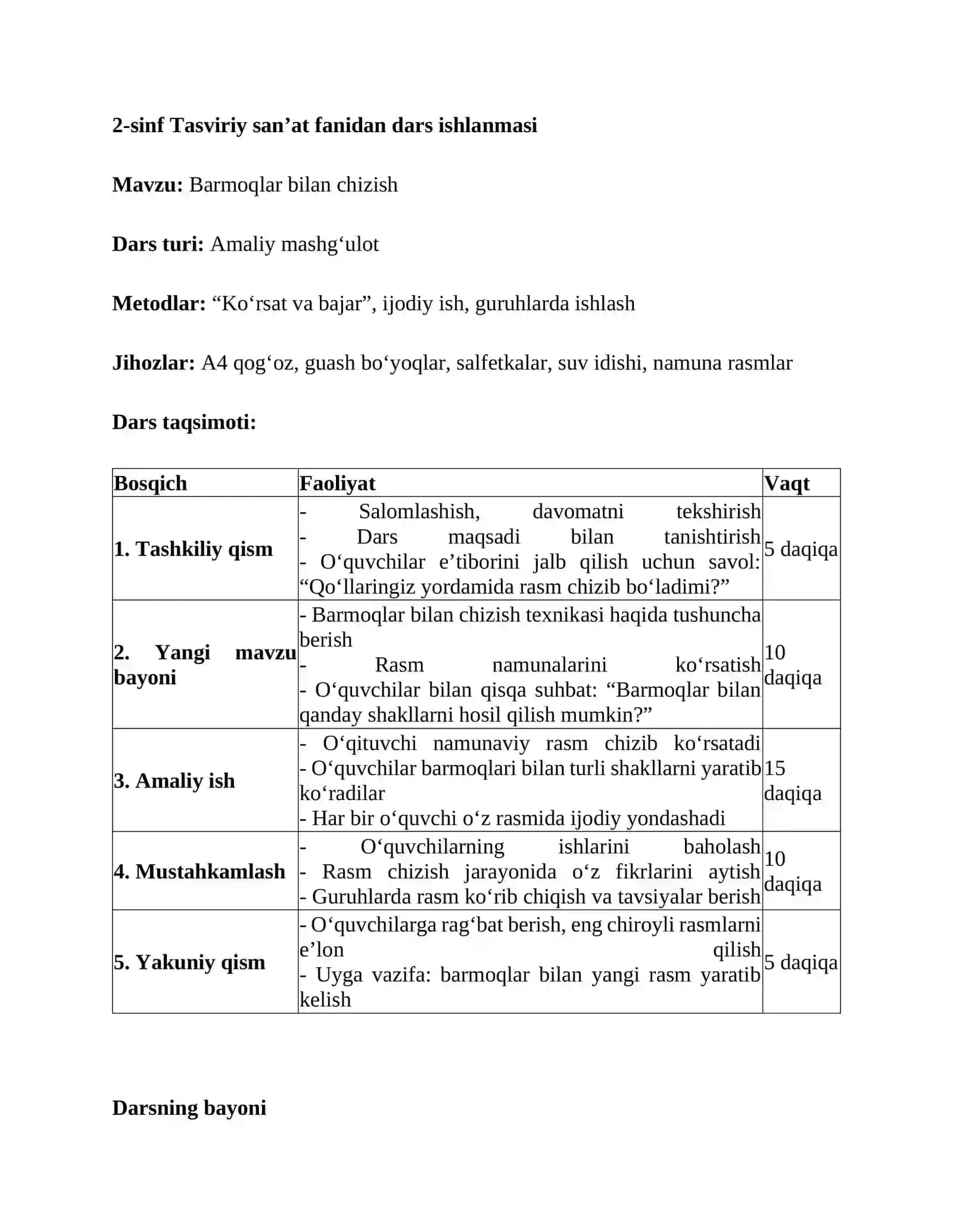 Barmoqlar bilan chizish dars ishlanmasi 2-sinf 2