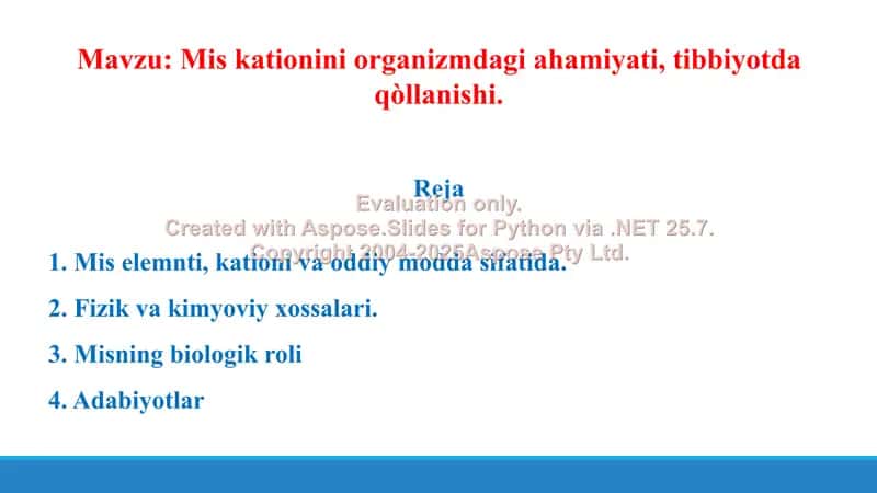 10. Mis kationini organizmdagi ahamiyati, tibbiyotda qo'llanishi. Taqdimot 10 bet 2