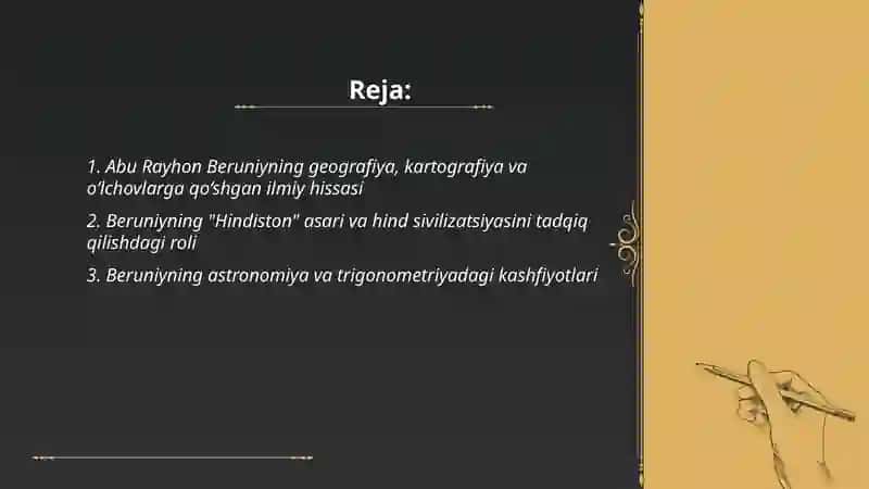 O'zbek mutafakkir Abu Rayxon Beruniy,Ibn Sino,Mirzo Ulug'bek,Abu Nasir Farobiy,Al Xorazimiy va boshqalarning ilmiy kashfiyotlari 2