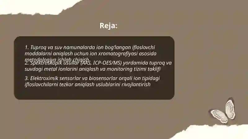 Tuproq va suv namunalarda ion bog‘langan ifloslovchi moddalarni aniqlash uchun ion xromatografiyasi asosida metodologiya ishlab chiqish 2
