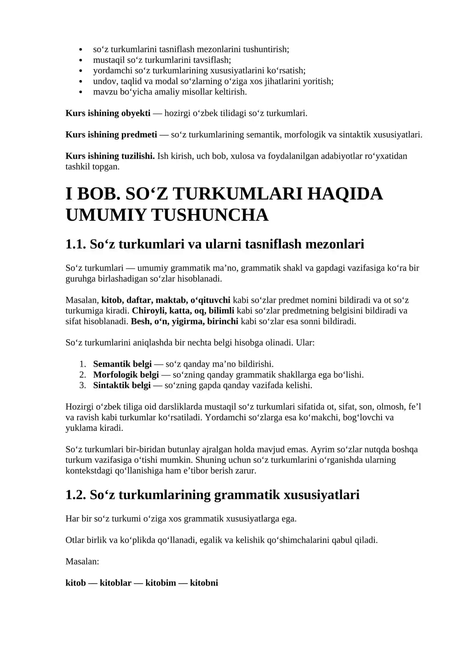 Ona tili fanidan kurs ishi namunasi — O‘zbek tilida so‘z turkumlari 2