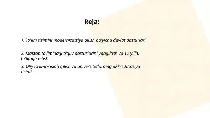 Oʻzbekiston respublikasi taʼlim sohasida amalga oshirilgan islohotlar 2