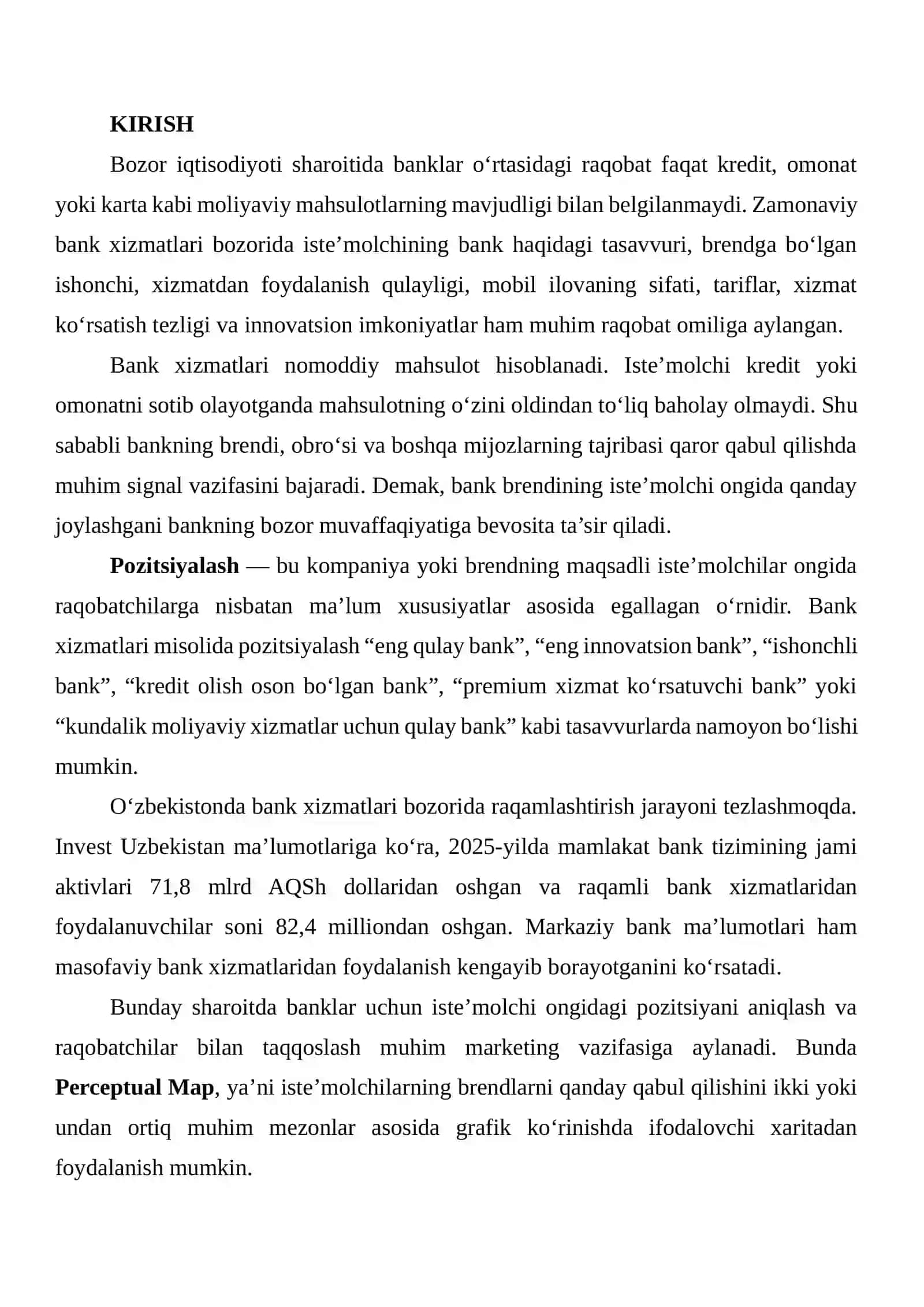 Bank xizmatlari brendlari misolida iste’molchilar ongidagi pozitsiyalashni tahlil qilish va Perceptual Map ishlab chiqish 2