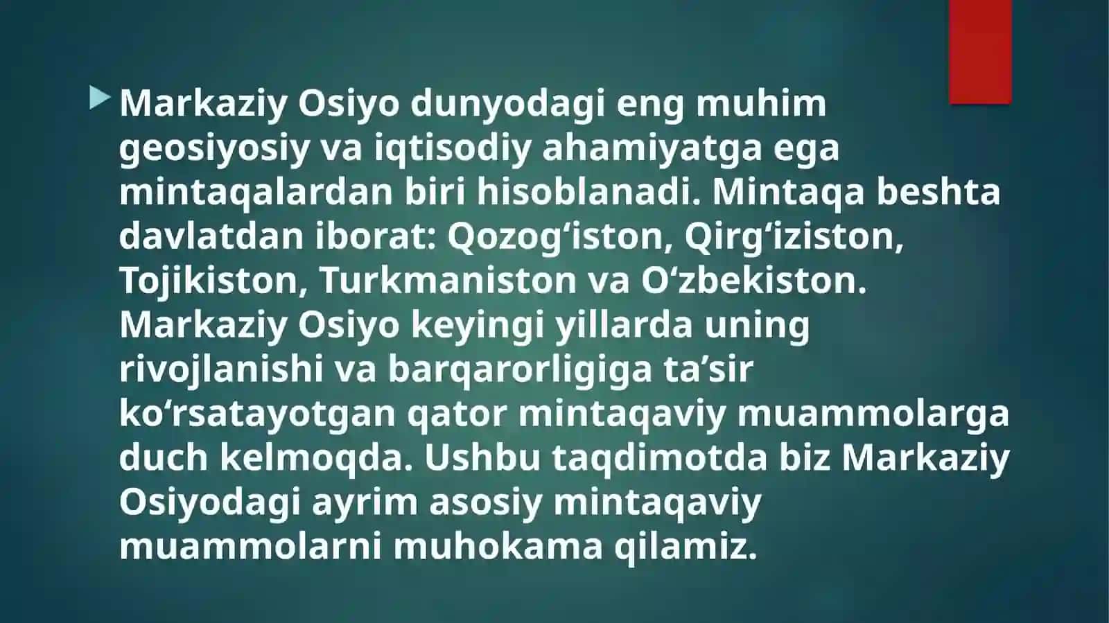 Markaziy Osiyodagi mintaqaviy muammolar tahlili 2