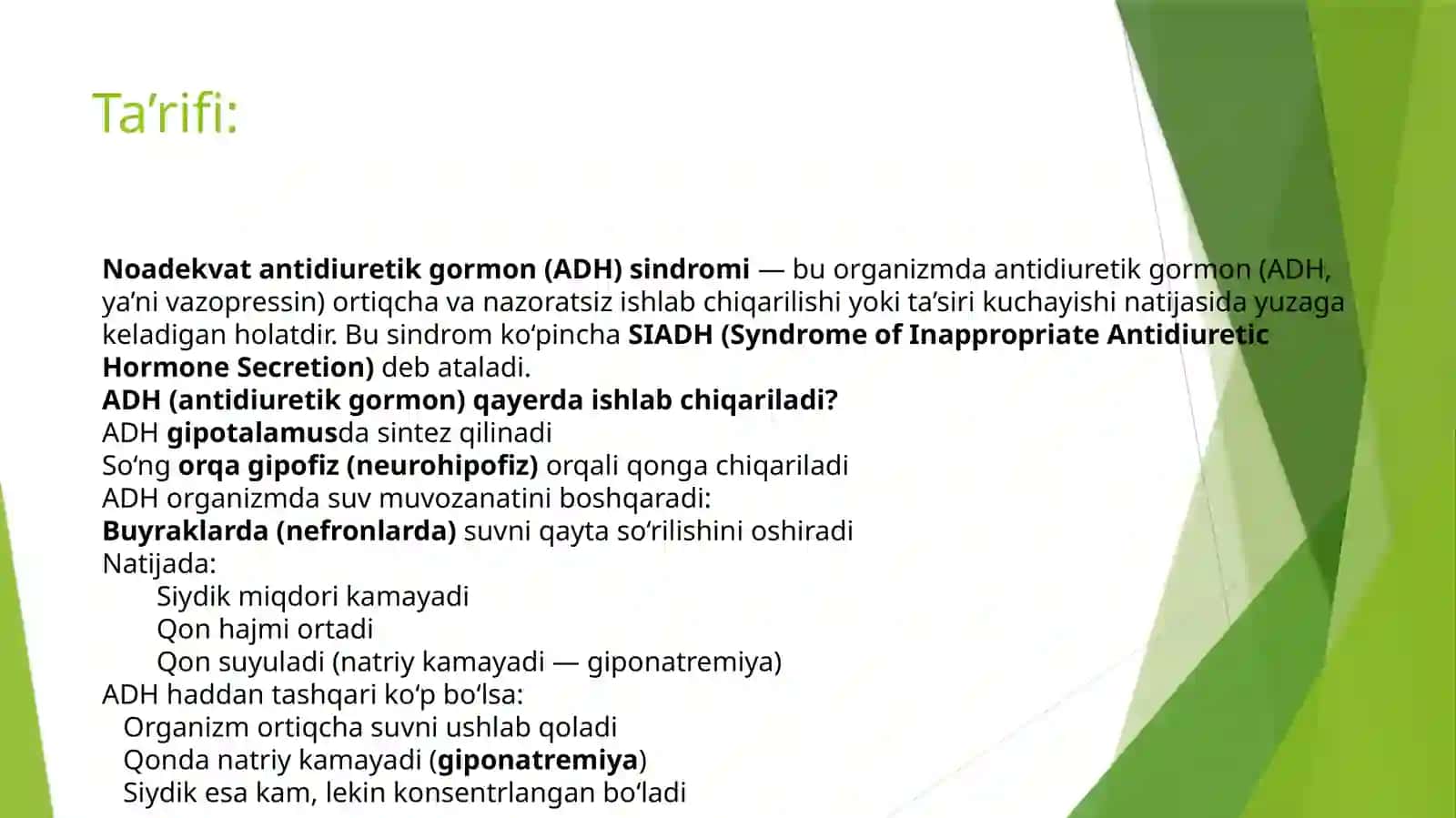 Noadekvat antidiuretik gormon sekretsiyasi sindromi. Qandsiz diabet 2