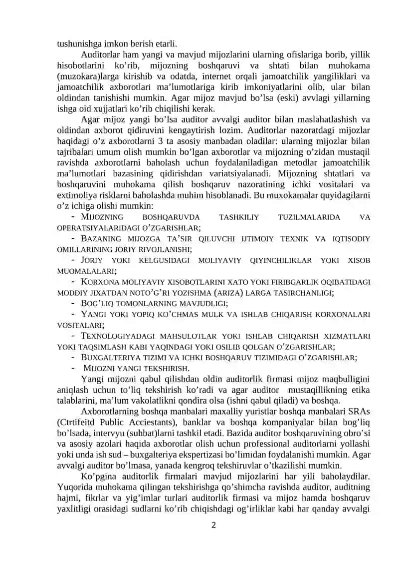 Auditorlik tekshiruvini rejalashtirish 2