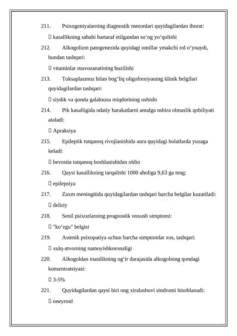 PSIXIATRIYA MUTAXASSISLIGI BOʻYICHA SHAKLLANTIRILGAN TEST SAVOLLARINING JAVOBLARI 2