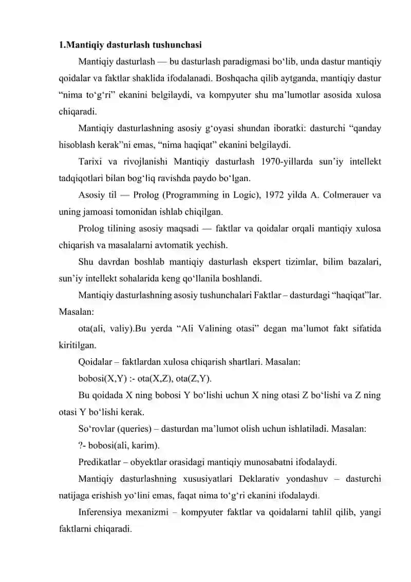 MANTIQIY DASTURLASH. PREDIKATLAR. MANTIQIY DASTURLASH TILINING FUNKSIONAL MODELI.META DASTURLASHDA ASOSIY AMALIYOTLAR 2