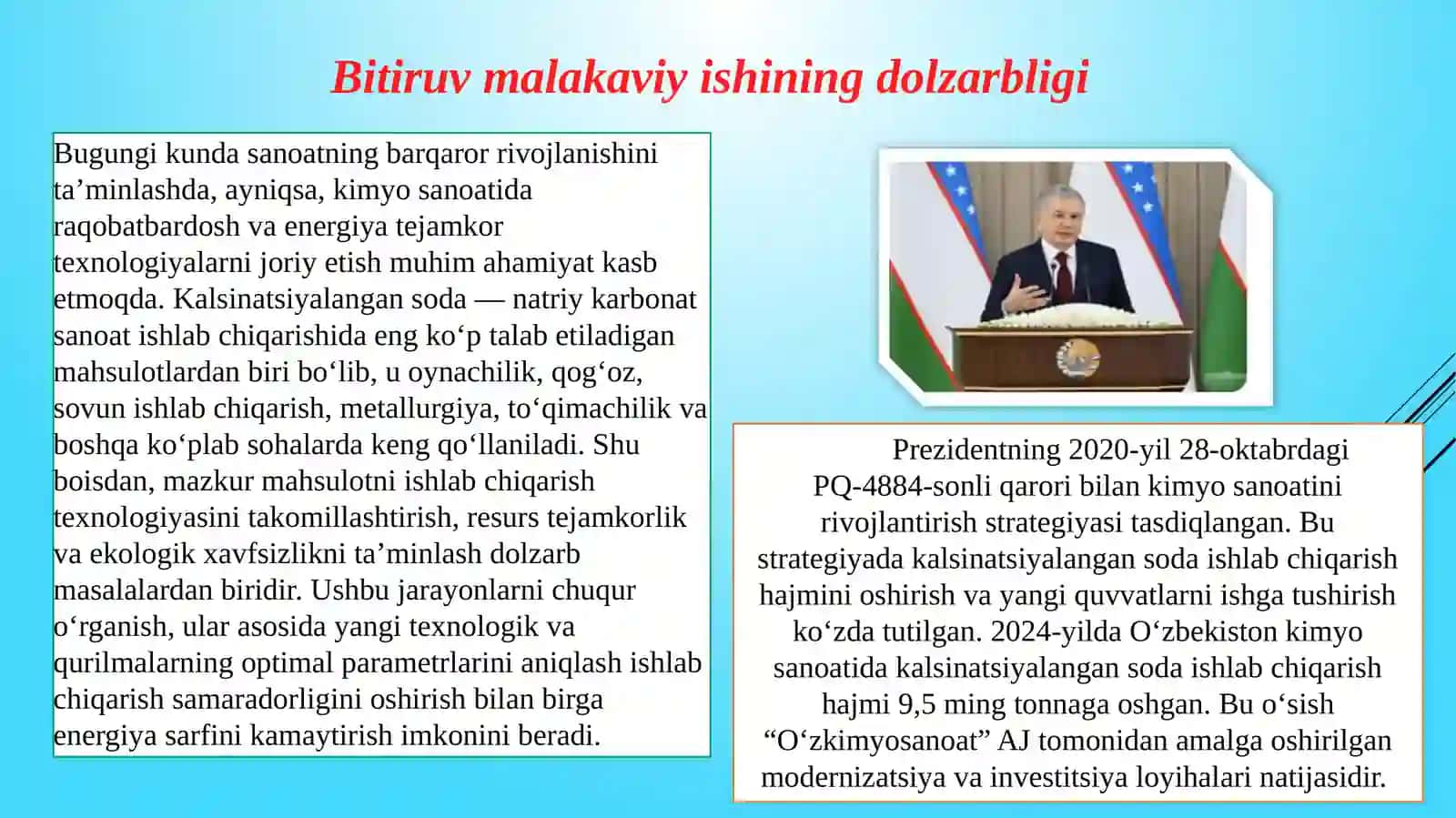 Qo’ng’irot soda zavodi UKda yiliga 240ming tonna kalsinatsiyalangan soda ishlab chiqarish texnologiyasining ADKF bo‘limining asosiy issiqlik va massa almashinish jarayon va qurilmalari hisoblansin va loyihalansin 2