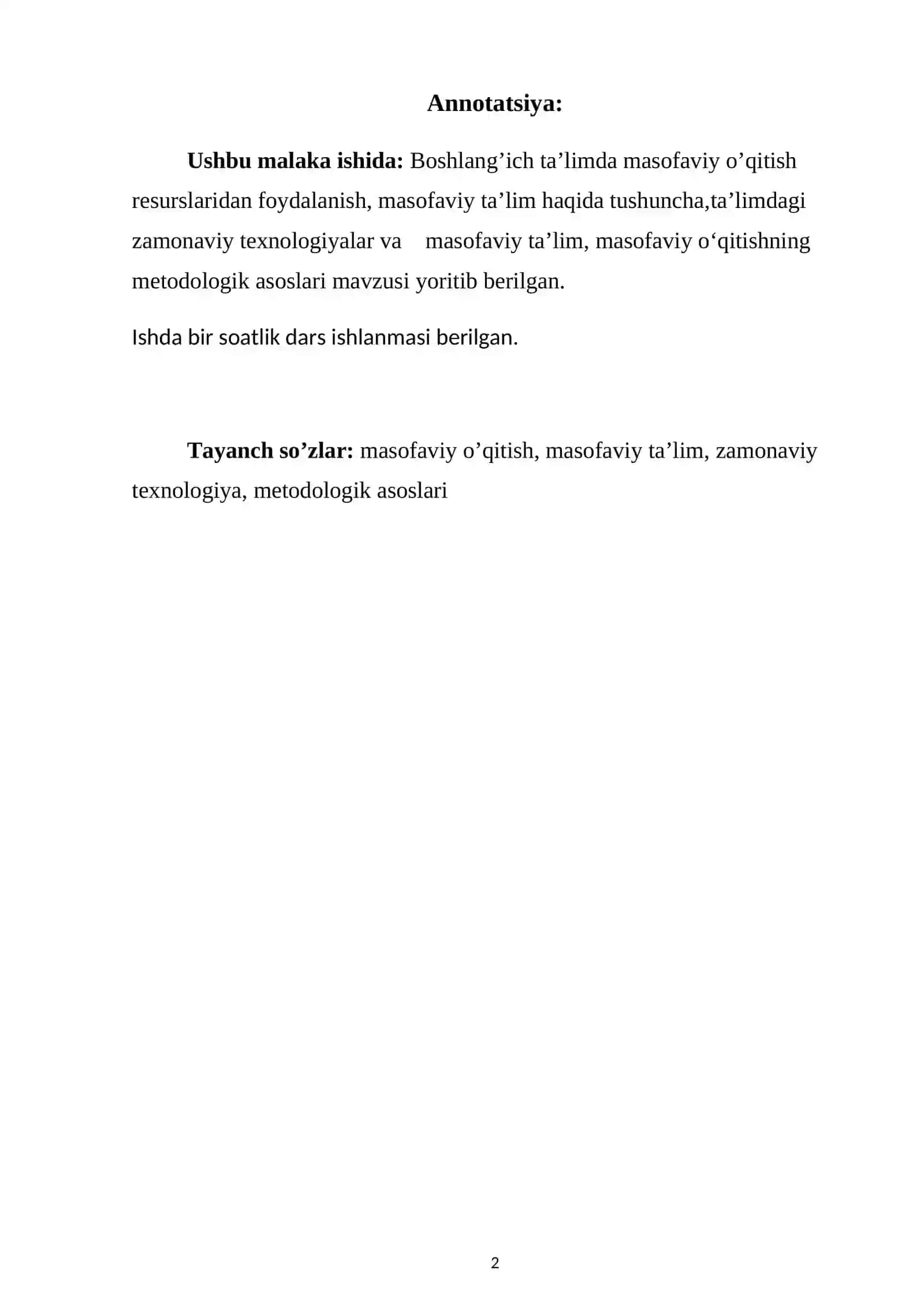 Boshlang’ich ta’limda masofaviy o’qitish resurslaridan foydalangan xolda ilg’or pedagogik tajribalarni joriy etish texnologiyalari 2