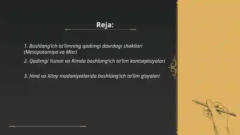 Boshlang‘ich ta'lim pedagogikada eng qadimgi davrlardan Xllasrgacha ta'lim tarbiya va pedagogika fikrlarining rivojlanishi 2