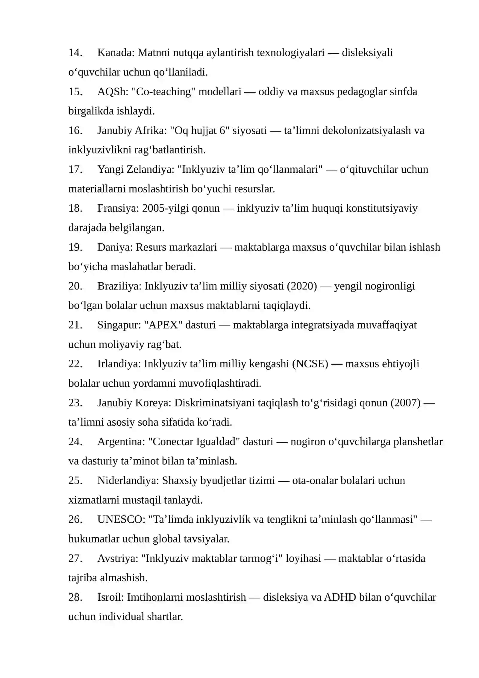INKLYUZIV TAʼLIMNI XORIY DAVLATLARDA NAZARIY VA AMALIY JIHATDAN QOʻLLAB-QUVVATLANISHIGA OID 30 TA ARGUMENT (FAKT) 2