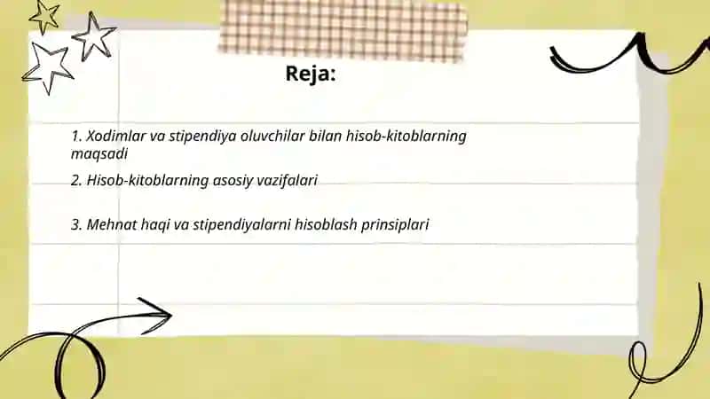 Xodimlar va stipendiya oluvchilar bilan hisob-kitoblar hisobining maqsadi va vazifalari 2