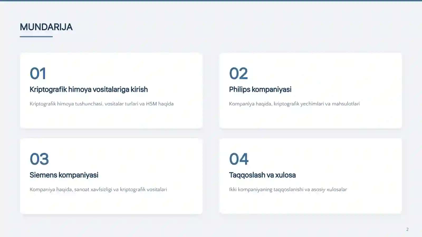 Kriptografik himoya vositalarini ishlab chiqaruvchilar (Philips va Siemens) misolida 2