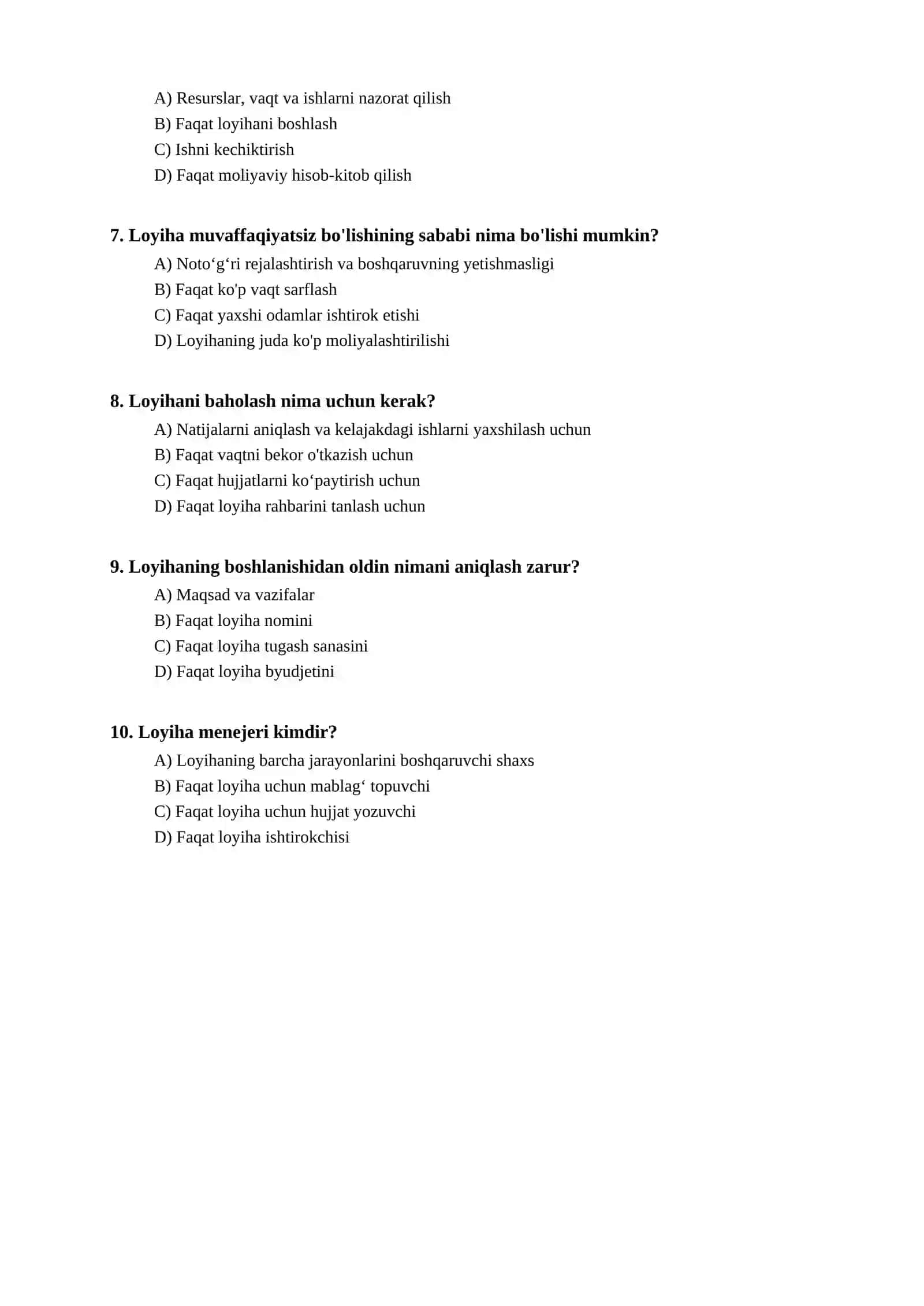 Loyiha nima boʻldi mavzusida test 2
