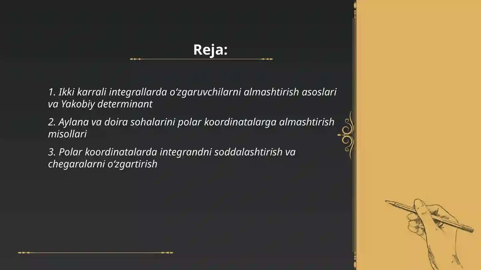 Ikki karrali integrallarda oʻzgaruvchilarni almashtirishga doir misollar ishlash 2