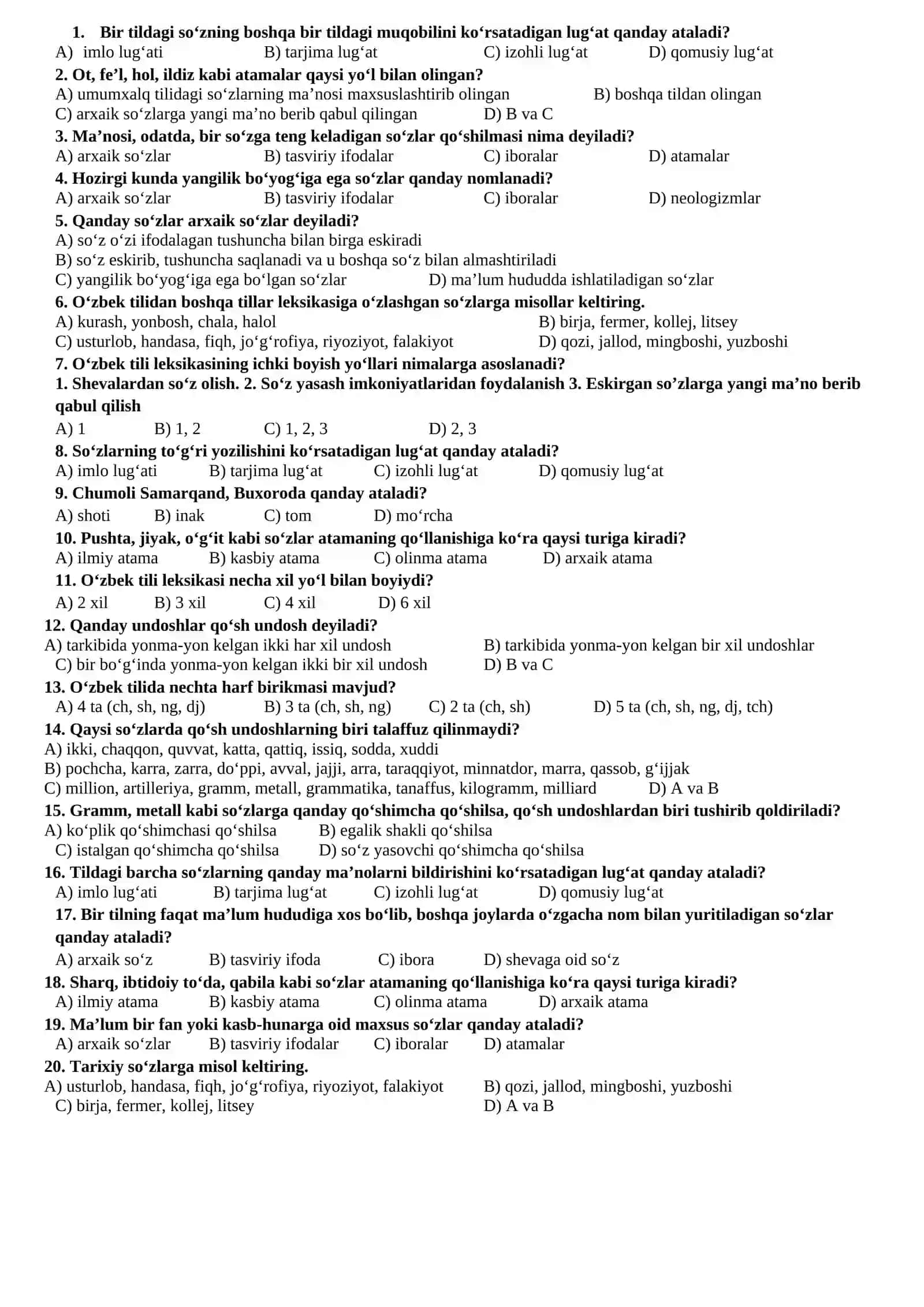 5-sinf uchun IV chorak ona tili test 2
