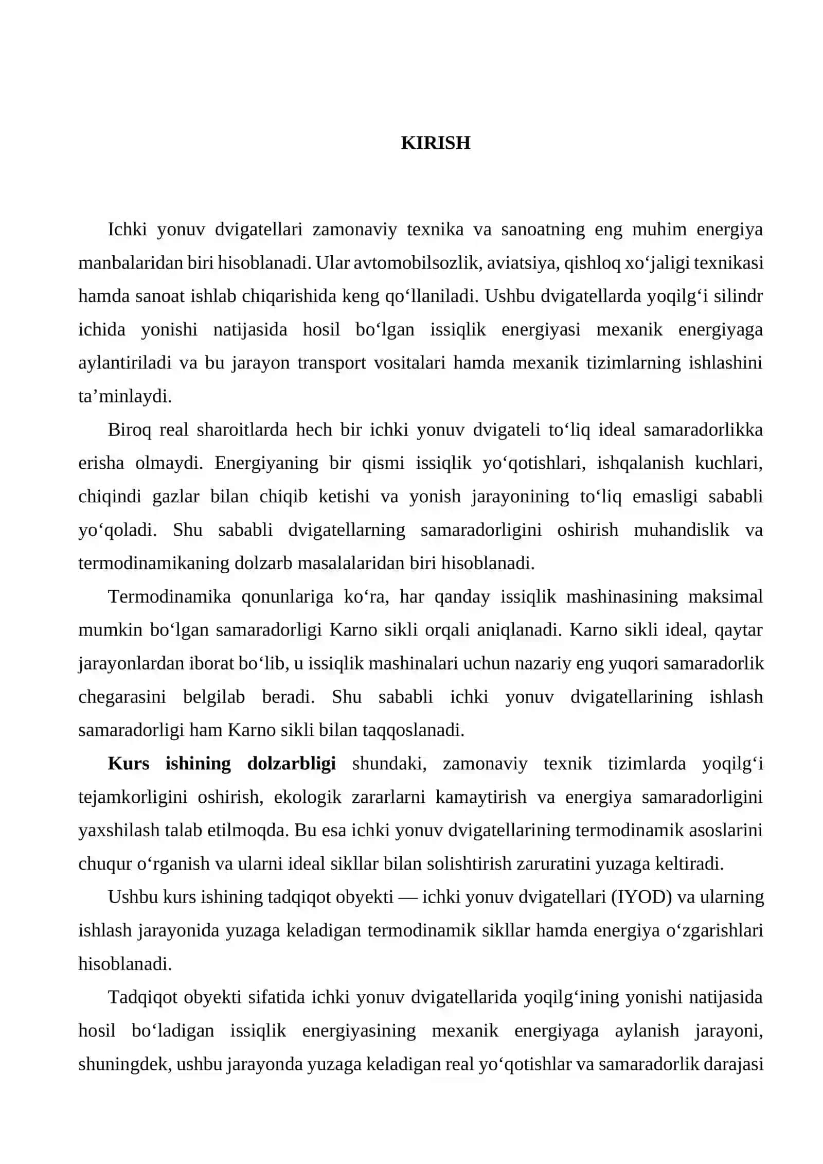 Ichki yonuv dvigatellari samaradorligi va Karno sikli bilan bog'liqligi 2