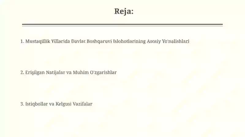 Musstaqilik yilarida davlat bishqaruvi tizimida amalga oshiriladigan islohatlar 2