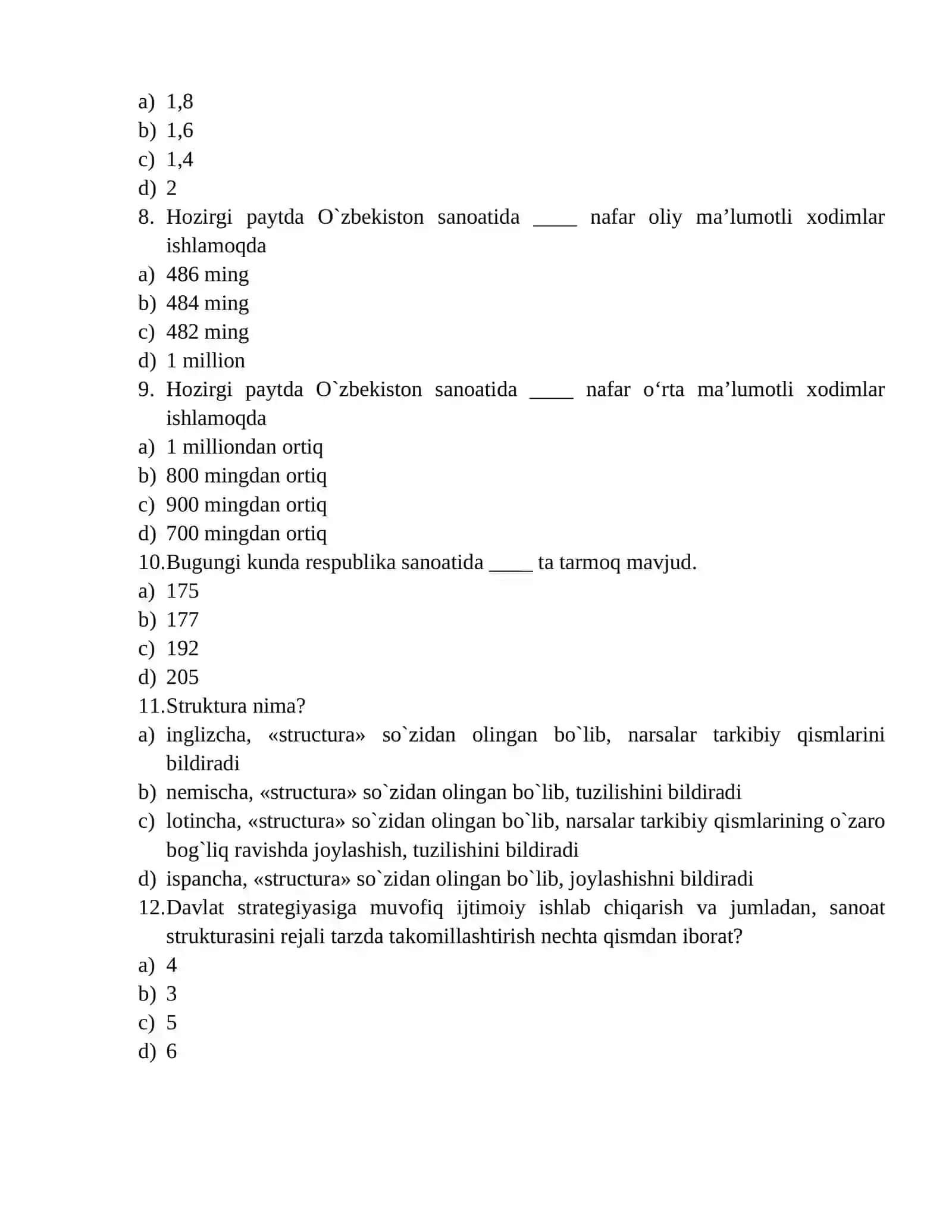 Tarmoq iqtisodiyoti fanidan test savollari 2