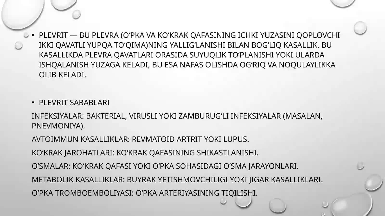 Plevritlar ETIOLOGIYASI, KLASSIFIKATSIYASI, PATOFIZIOLOGIYASI 2