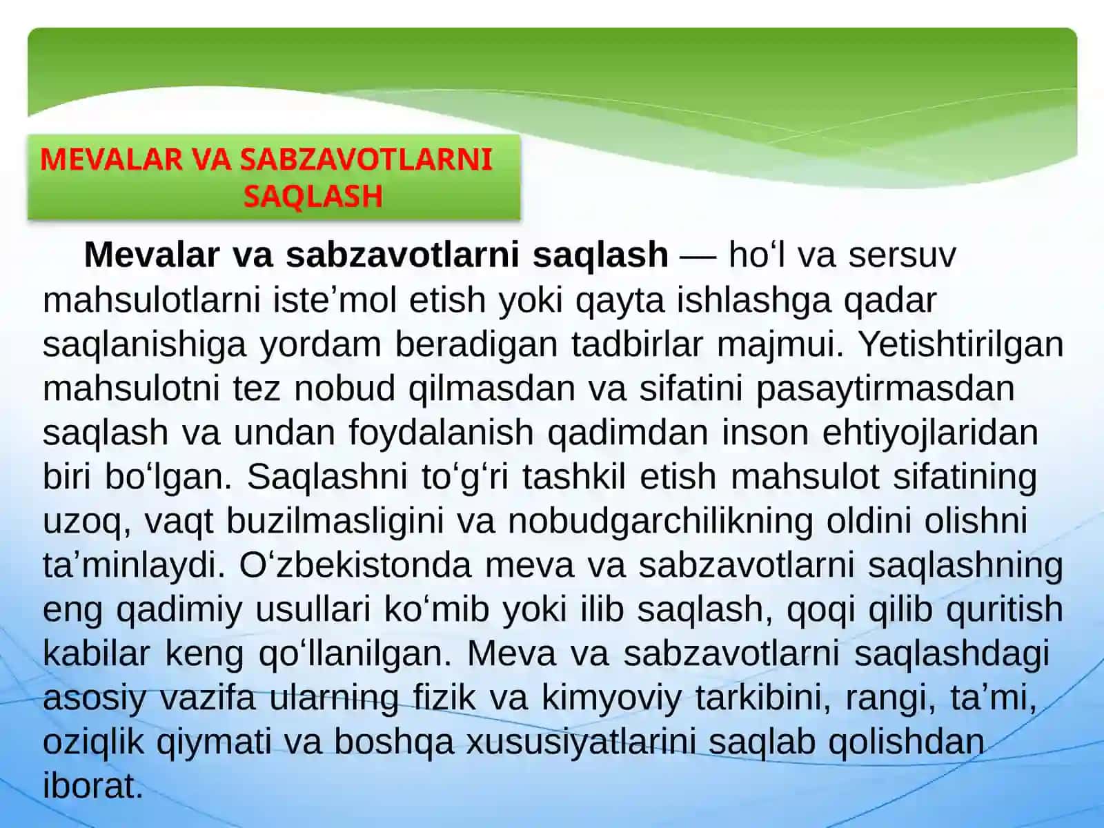 Meva va sabzavot mahsulotlari saqlash xavfsizlikgi va sifat ko`rsatkichlari 2