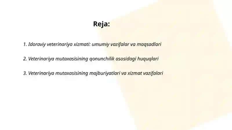 Idoraviy veterinariya xizmati Veterinariya mutaxasisining huquq va vazifalari 2