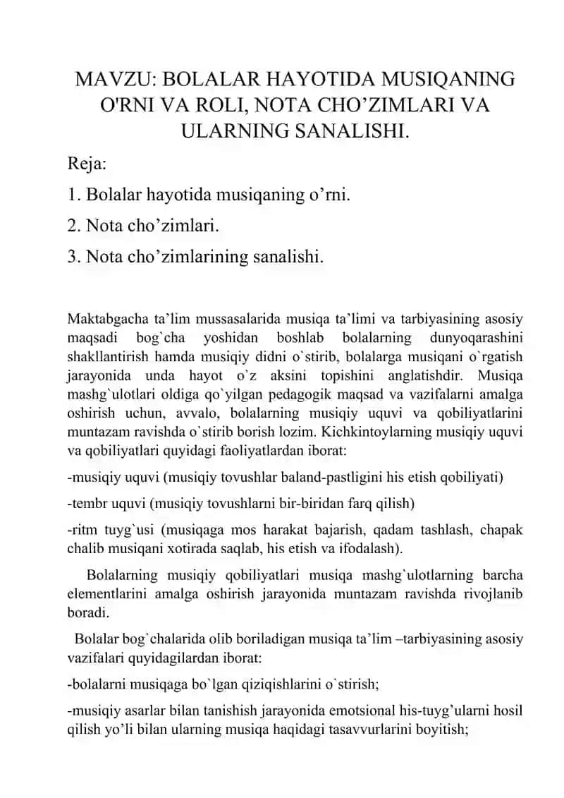 Bolalar hayotida musiqaning roli, nota cho'zimlari va ularning sanalishi 2