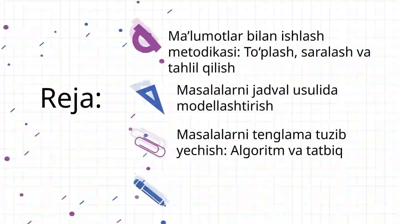 Ma’lumotlar bilan ishlash. Masalalarni tenglama va jadval tuzib yechish 2
