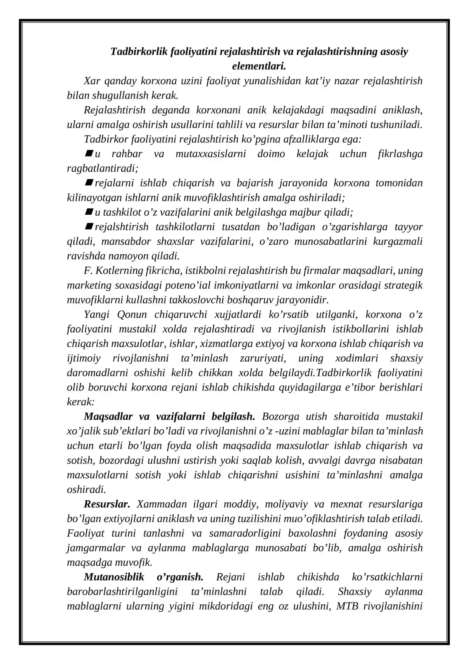 Tadbirkorlik faoliyatini rejalashtirish 2