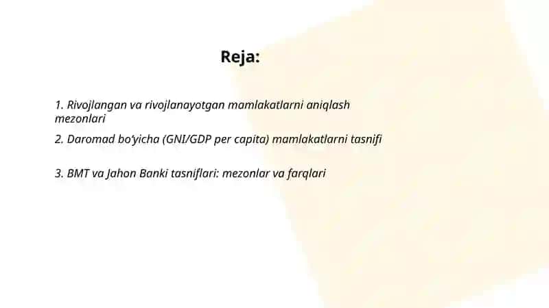 Jahon Iqtisodiyotida rivojlangan mamlakatlarning klassifikatsiyasi 2