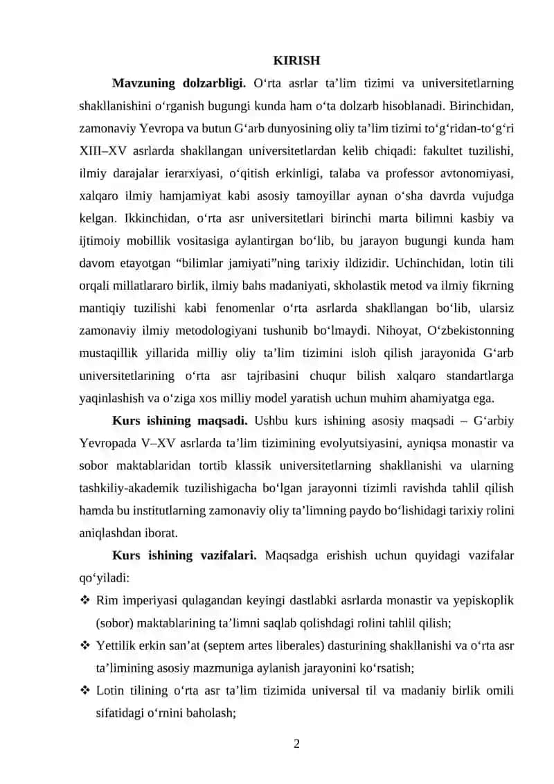 Oʻrta asrlarda taʼlim tizimi va Universitetlarning shakillanishi. 2