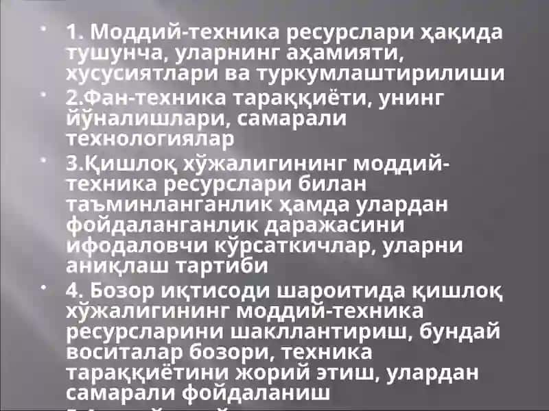 ҚИШЛОҚ ХЎЖАЛИГИда МОДДИЙ-ТЕХНИКА РЕСУРСЛАРИ ва улардан фойдаланиш самарадорлиги 2