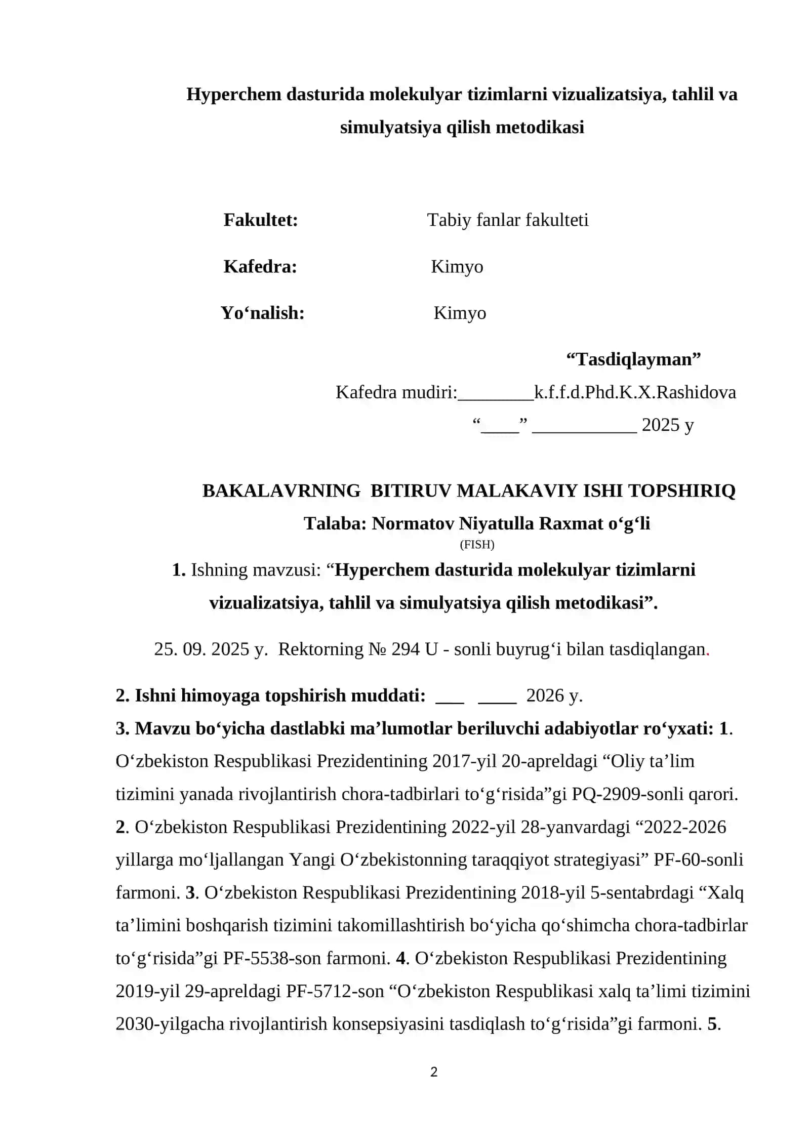Hyperchem dasturida molekulyar tizimlarni vizualizatsiya, tahlil va simulyatsiya qilish metodikasi 2
